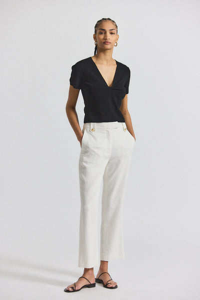 Nika Drapey Linen Pant With Gold Crest Buttons - Blanc de Blanc