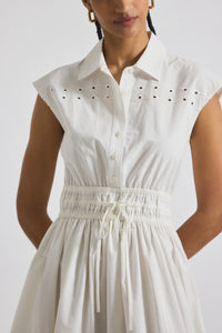 White Nikita Poplin Embroidered Eyelet Cinch Waist Shirtdress | Women's Dresses by Derek Lam 10 Crosby