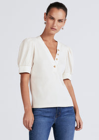 Off White Heather V-Neck Puff Sleeve T-Shirt | Women's Top by Derek Lam 10 Crosby