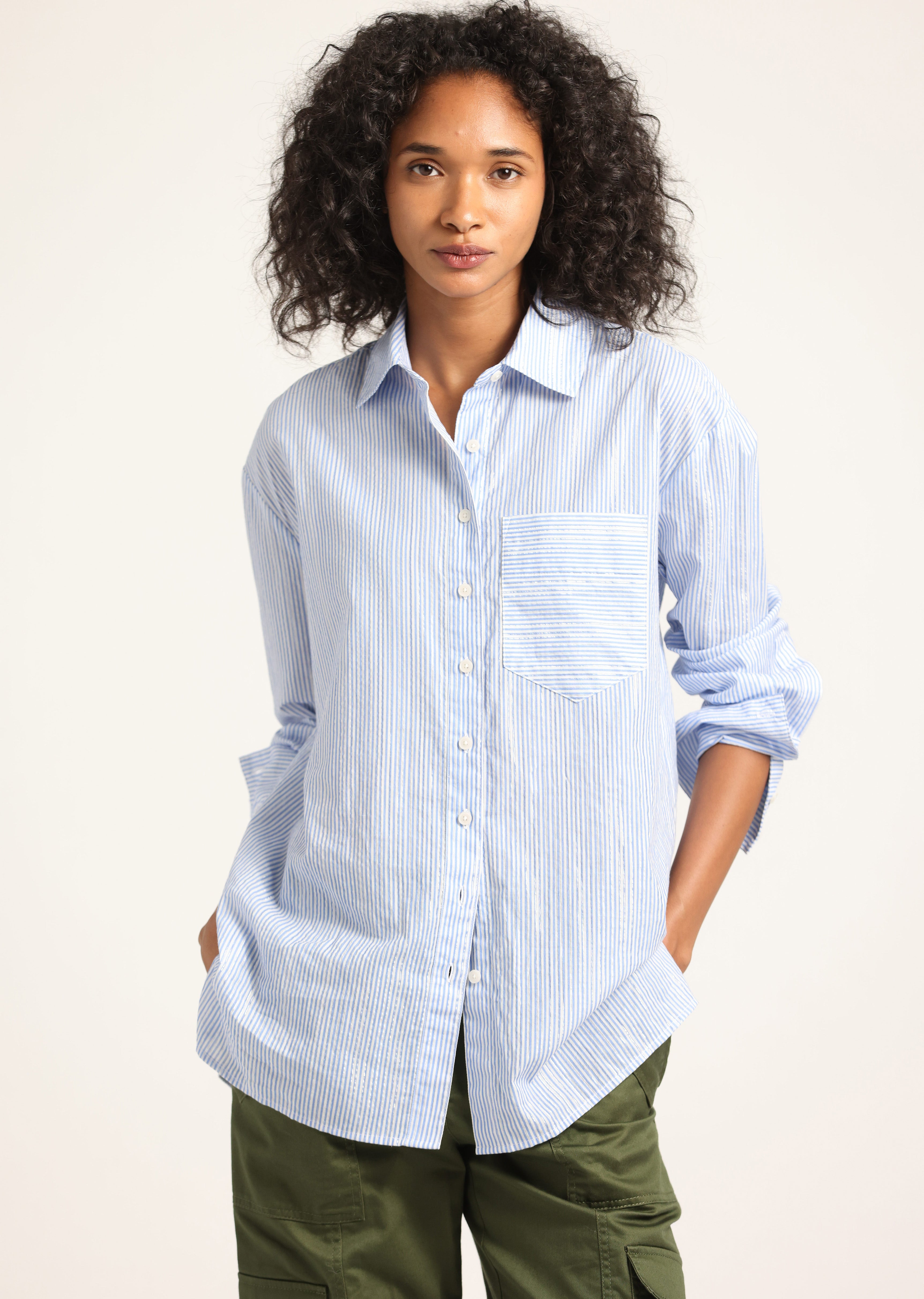 Orianne Lurex Stripe Voile Long Sleeve Button Front Shirt - Blue Multi ...