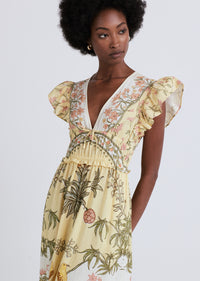 Pale Yellow Multi Isadora V-Neck Ruffle Dress | Women's Dress by Derek Lam 10 Crosby
