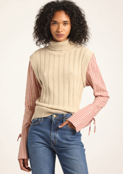 Paola Mixed Media Turtleneck Sweater - Oatmeal-Rosewood – Derek Lam
