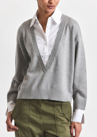 Rida Striped Mixed Media Sweater - Grey Melange-White