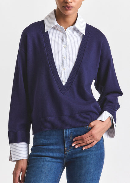 【Plage】Washable Washi Mix ニット ネイビー rida-striped-mixed-media-