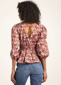 Burgundy Mini Floral Savannah V-Neck Peplum Top | Women's Top by Derek Lam 10 Crosby