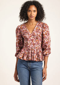 Burgundy Mini Floral Savannah V-Neck Peplum Top | Women's Top by Derek Lam 10 Crosby