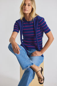 Navy-Raspberry Twain Cotton Cashmere Short Sleeve Pre-Styled Sweater | Women's Top by Derek Lam 10 Crosby