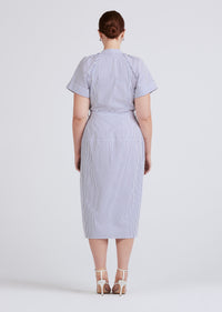 White-Navy Orla Tie Waist Short Sleeve V-Neck Dress | Women's Dress by Derek Lam 10 Crosby