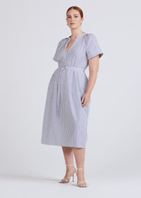 White-Navy Orla Tie Waist Short Sleeve V-Neck Dress | Women's Dress by Derek Lam 10 Crosby