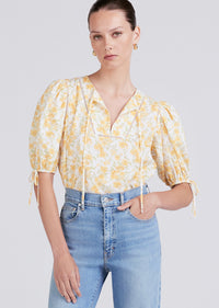 Yellow Multi Nora Puff Sleeve Top | Women's Top by Derek Lam 10 Crosby