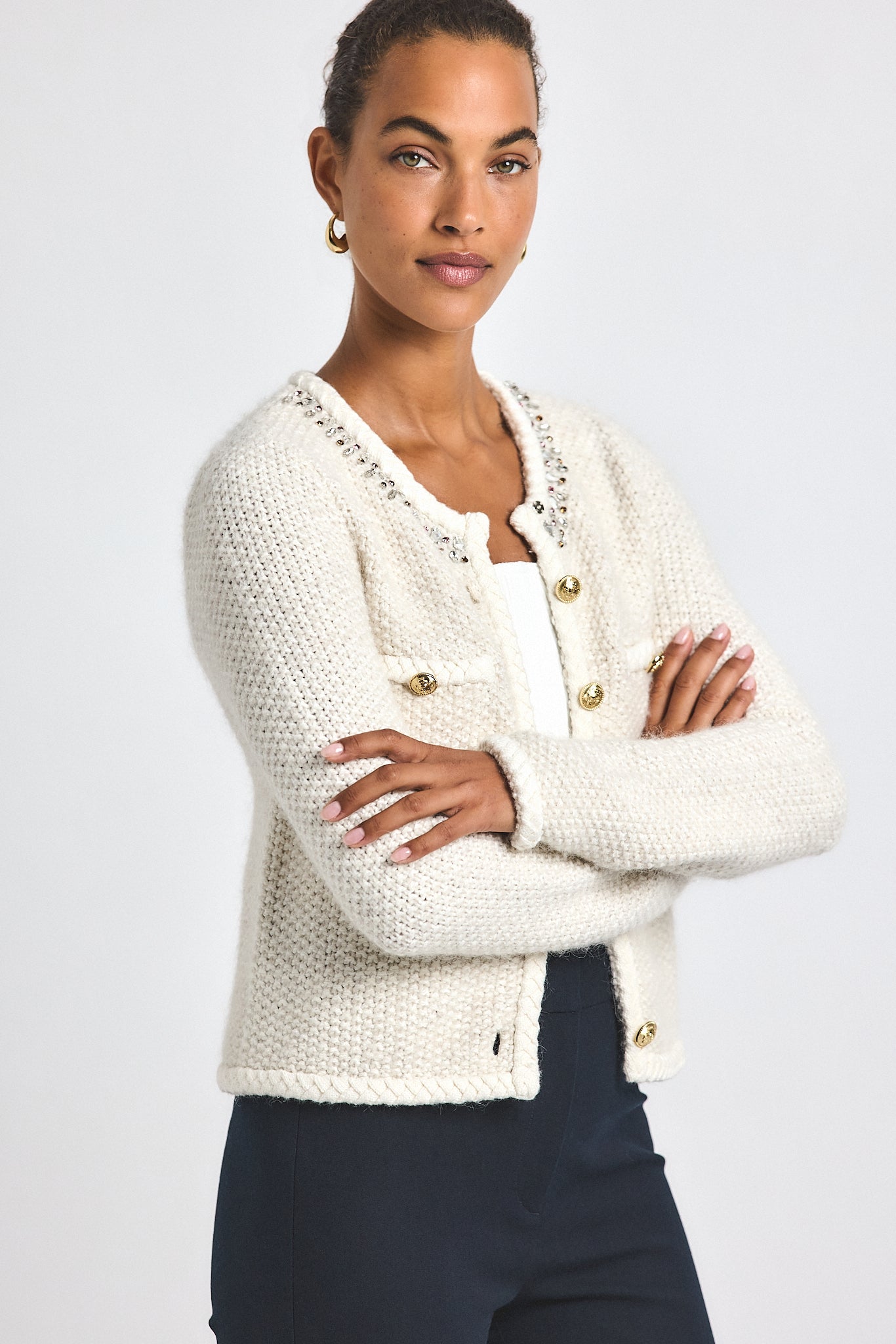 カーディガン (CREOLME)LAME FEATHER KNIT CARDIGAN Feather Trim Knit Cardigan | Karen Millen