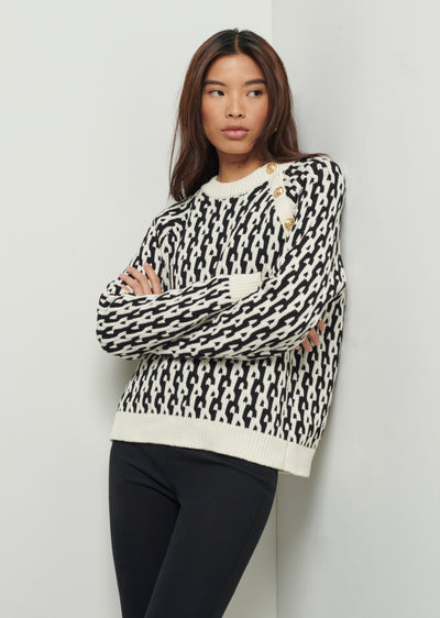 Black-Ivory Sawyer Long Sleeve Button Crewneck Sweater | Women's Sweater by Derek Lam 10 Crosby