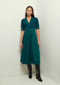 Evergreen Claire Mixed Media Puff Sleeve Dress | Women's Dress by Derek Lam 10 Crosby