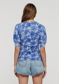 Ikat Blue Multi Ray Puff Sleeve Henley Top | Women's Top by Derek Lam 10 Crosby