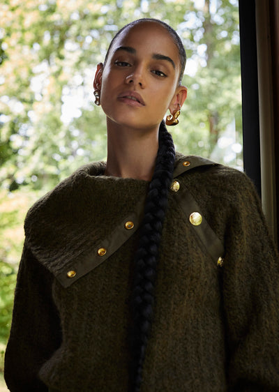 Olive Astra Asymmetric Button Turtleneck | Women's Sweater by Derek Lam