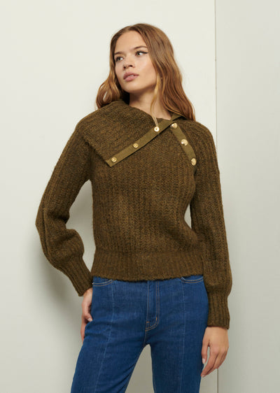 Olive Astra Asymmetric Button Turtleneck | Women's Sweater by Derek Lam