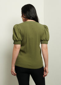 Olive Heather V-Neck Puff Sleeve T-Shirt | Womens T-Shirt by Derek Lam 10 Crosby