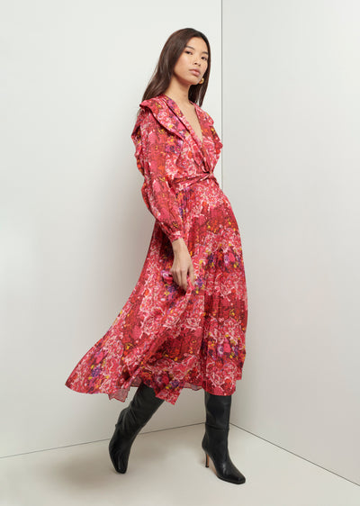     red-multi-chrishelle-v-neck-ruffle-dress-campaign-view  3448 × 4848px  Red Multi Chrishelle V-Neck Ruffle Dress | Women's Dress by Derek Lam 10 Crosby