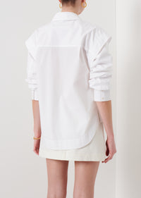 White Marley Ruched Sleeve Button Down Shirt | Women's Top by Derek Lam 10 Crosby
