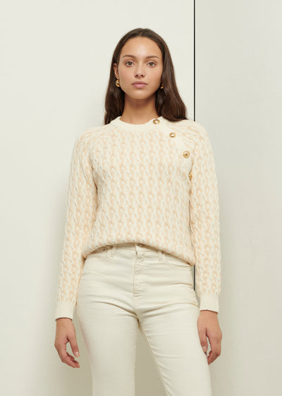 White-Natural Sawyer Long Sleeve Button Crewneck Sweater | Women's Sweater by Derek Lam 10 Crosby